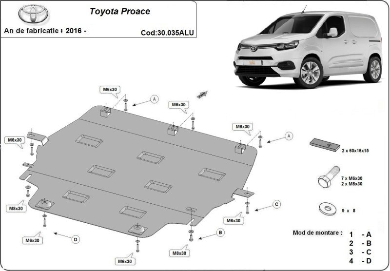 Aluminium plaque couvercle cache protection moteur Toyota Proace (2016-2026)