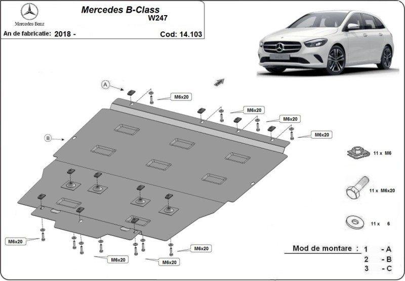 Acier plaque couvercle cache protection moteur Mercedes B-Class (2018-2026)