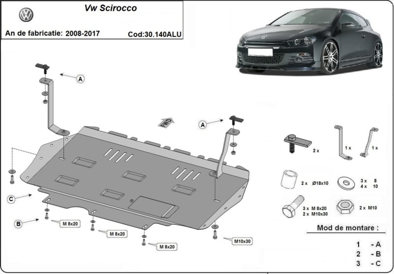 Aluminium plaque couvercle cache protection moteur Volkswagen Scirocco (2008-2017)