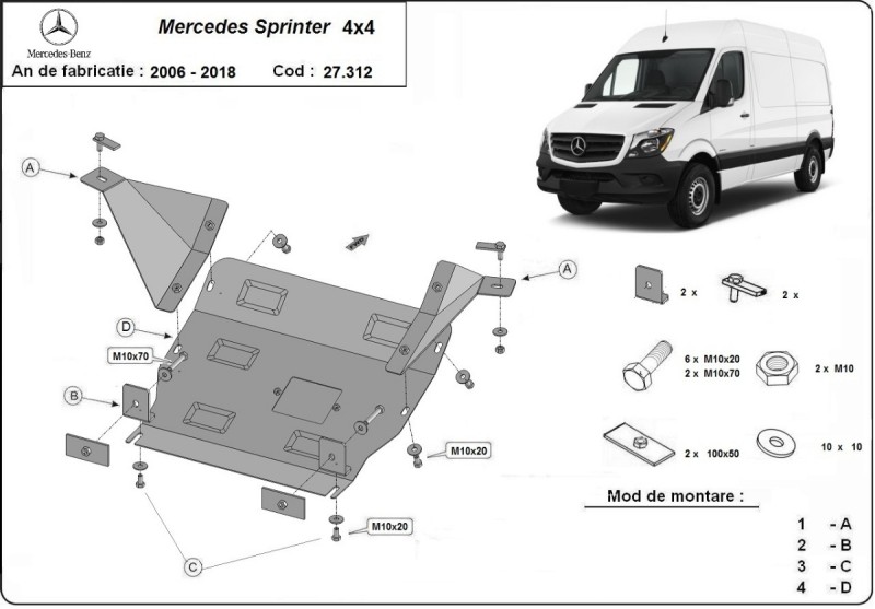 Acier plaque couvercle cache protection moteur Mercedes Sprinter-RWD (2006-2017)