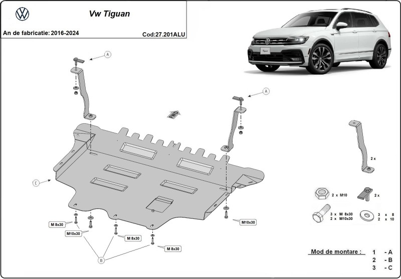 Aluminium plaque couvercle cache protection moteur Volkswagen Tiguan (2016-2024)