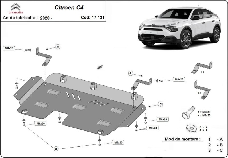 Acier plaque couvercle cache protection moteur Citroen C4 (2020-2026)