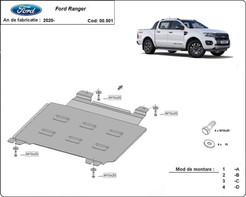 Acier plaque couvercle cache protection boîte de vitesses Ford Ranger (2020-2023)