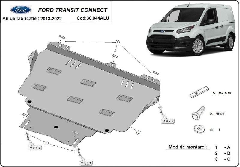 Aluminium plaque couvercle cache protection moteur Ford Transit Connect (2013-2022)