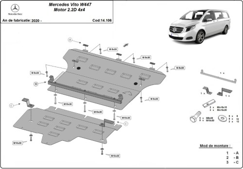 Stalowa Osłona pod silnik Mercedes Vito W447, 2.2 D, 4x4 (2020-2026)
