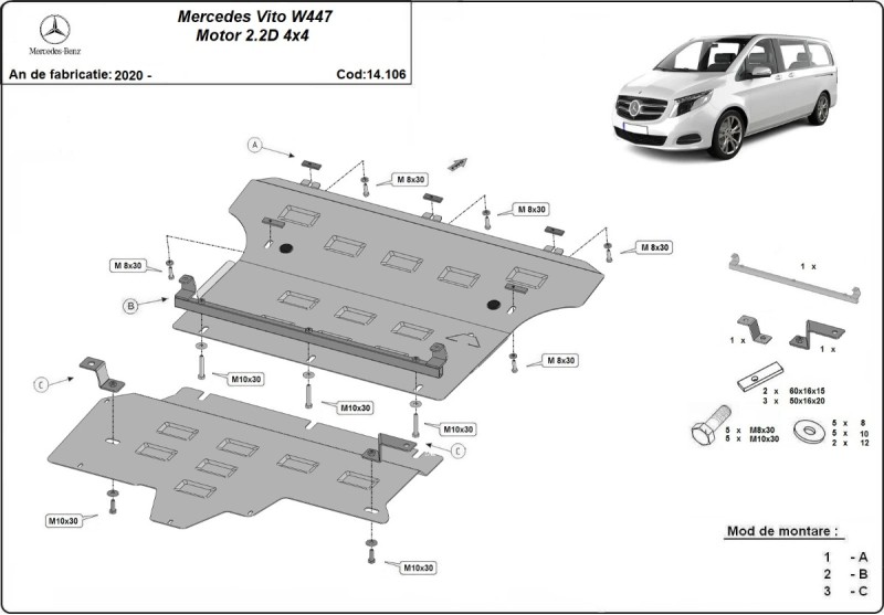 Acier plaque couvercle cache protection moteur Mercedes Vito (2020-2026)
