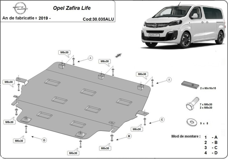 Aluminium plaque couvercle cache protection moteur Opel Vauxhall Zafira (2019-2026)