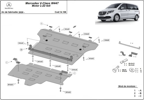 Stalowa Osłona pod silnik Mercedes V-Class W447, 2.2 D, 4x4 (2020-2026)