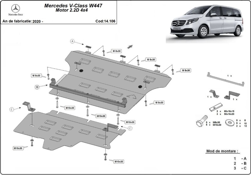 Acier plaque couvercle cache protection moteur Mercedes V-Classe W447, 4x2, 1.6 D (2020-2026)