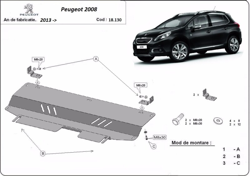 Acier plaque couvercle cache protection moteur Peugeot 208 (2013-2019)