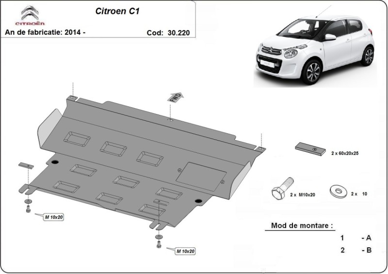 Acier plaque couvercle cache protection moteur Citroen C1 (2014-2022)