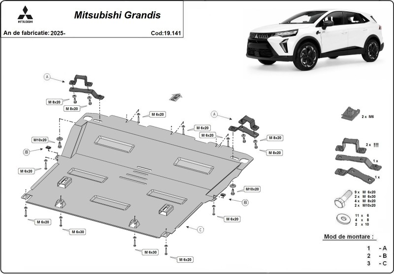 Acier plaque couvercle cache protection moteur Mitsubishi Grandis (2025-2026)