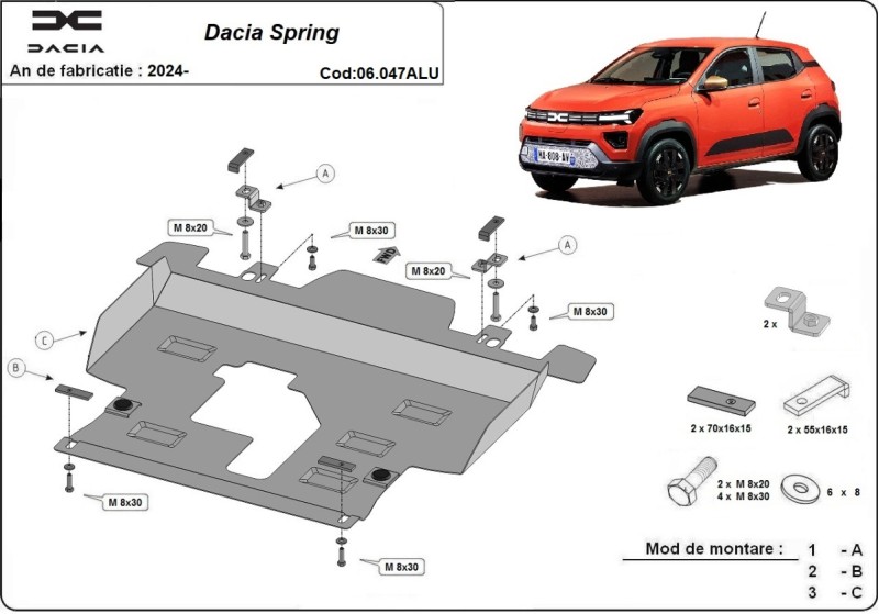 Aluminium plaque couvercle cache protection moteur Dacia Spring (2024-2026)