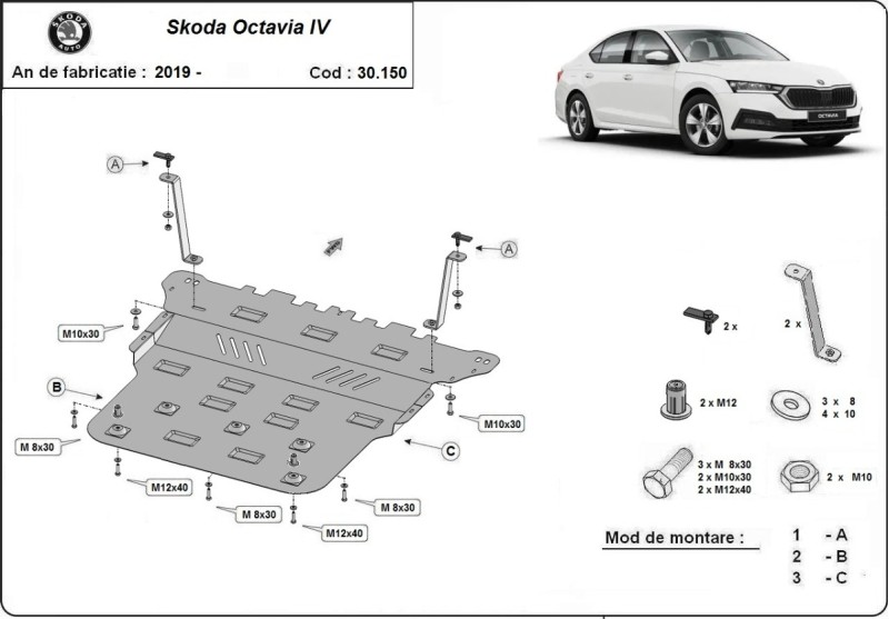 Acier plaque couvercle cache protection moteur Skoda Octavia 1 (2019-2026)