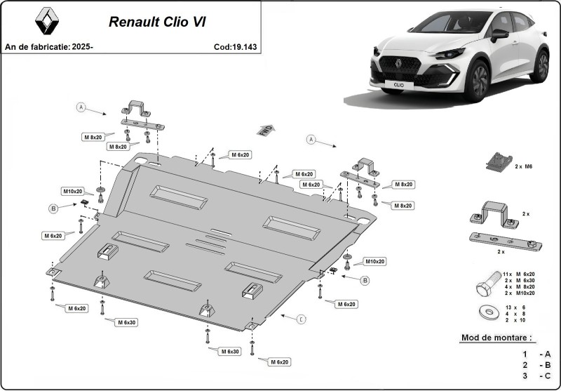 Acier plaque couvercle cache protection moteur Renault Clio (2025-2026)