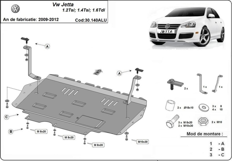 Aluminium plaque couvercle cache protection moteur Volkswagen Jetta (2009-2012)