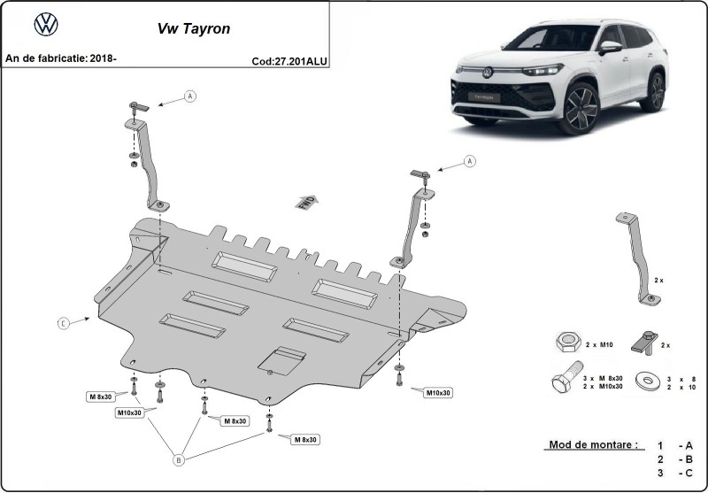 Aluminium plaque couvercle cache protection moteur Volkswagen Tayron (2018-2026)