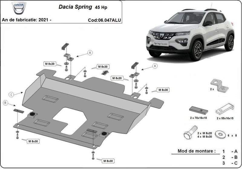 Aluminium plaque couvercle cache protection moteur Dacia Spring (2021-2026)