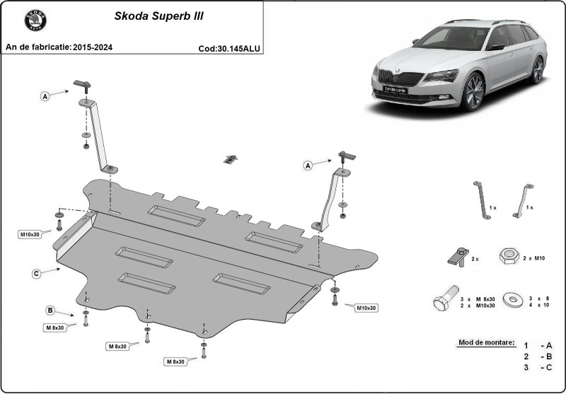 Aluminium plaque couvercle cache protection moteur Skoda Superb (2015-2024)