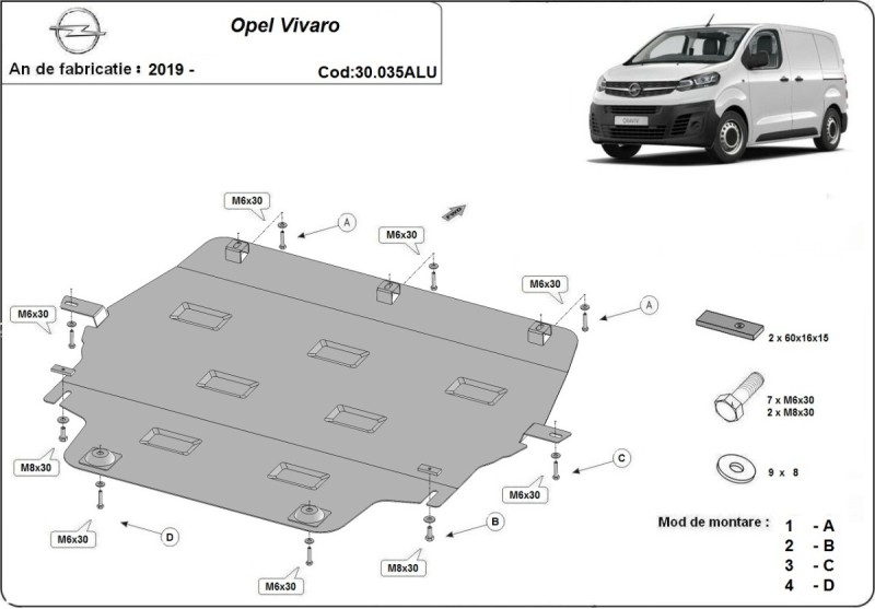 Aluminium plaque couvercle cache protection moteur Opel Vauxhall Vivaro (2019-2026)