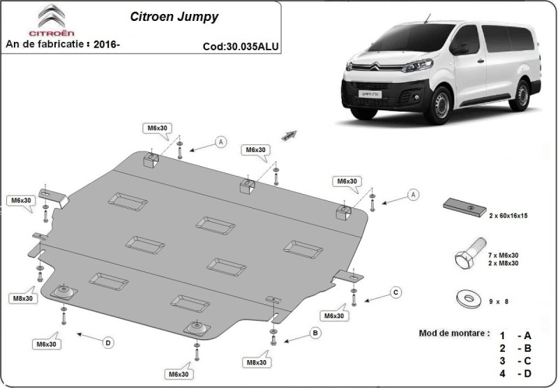 Aluminium plaque couvercle cache protection moteur Citroen Jumpy (2016-2026)