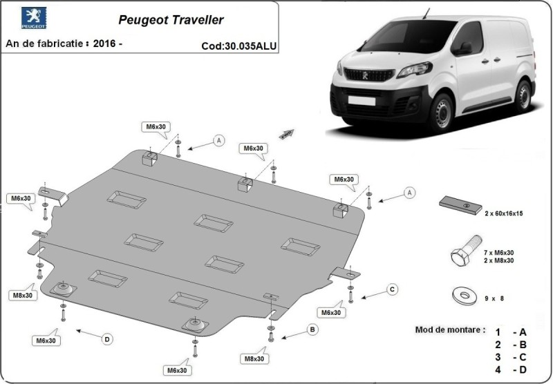 Aluminium plaque couvercle cache protection moteur Peugeot Traveller (2016-2026)