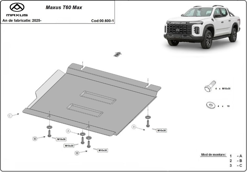 Acier plaque couvercle cache protection boîte de vitesses Maxus T60 Max (2025-2026)