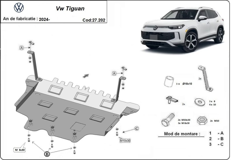 Acier plaque couvercle cache protection moteur Volkswagen Tiguan (2025-2026)