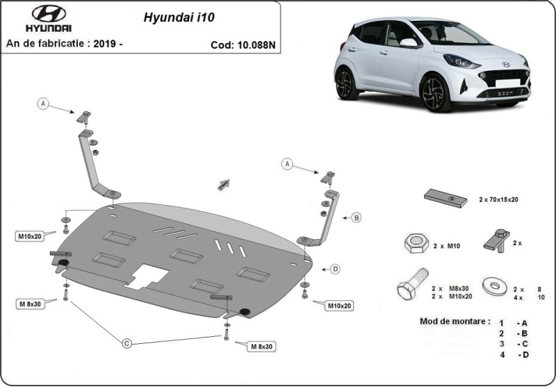 Acier plaque couvercle cache protection moteur Hyundai i10 (2019-2026)