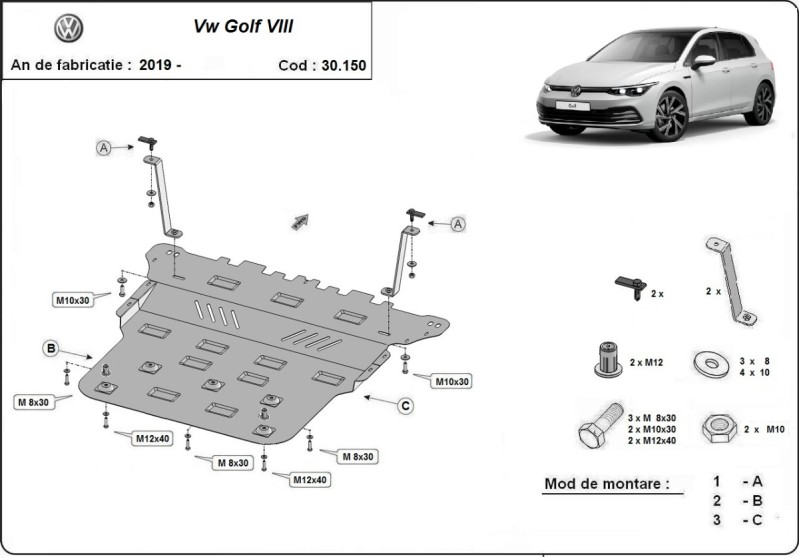 Acier plaque couvercle cache protection moteur VW Golf 7 - automatique (2019-2026)